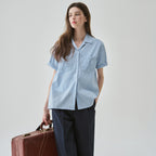 DRAWFIT WOMEN Striped standard open collar short sleeve shirt [SKY BLUE]