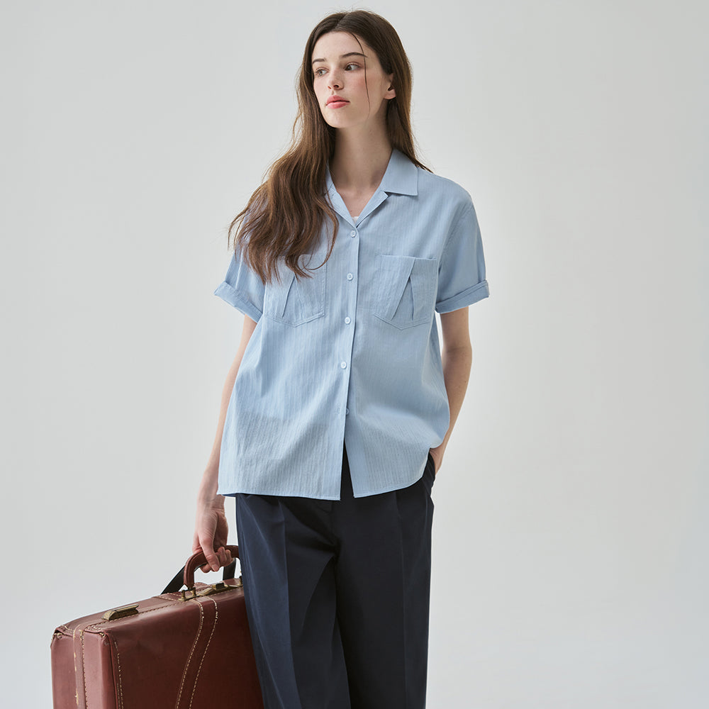 DRAWFIT WOMEN Striped standard open collar short sleeve shirt [SKY BLUE]