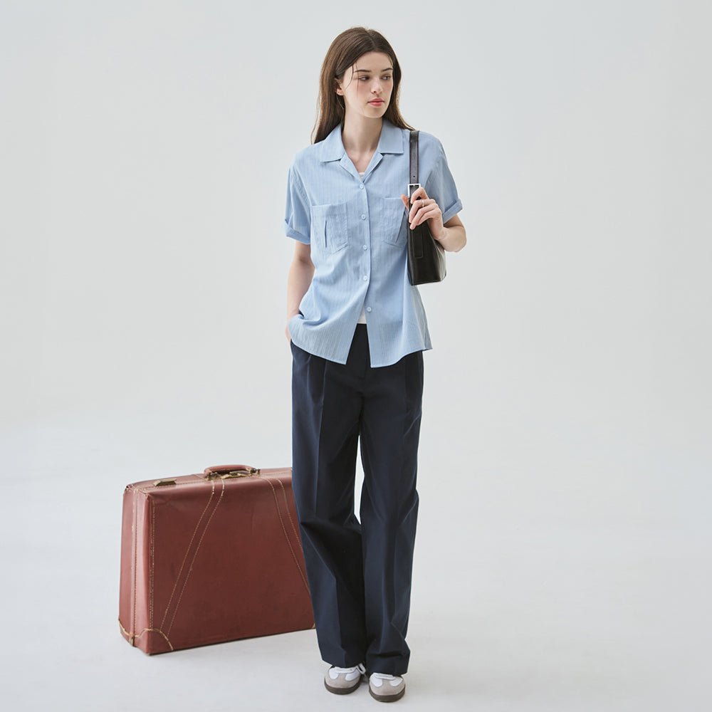 DRAWFIT WOMEN Striped standard open collar short sleeve shirt [SKY BLUE]