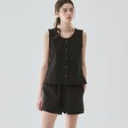 DRAWFIT WOMEN Scoop neck frill sleeveless blouse [BLACK]