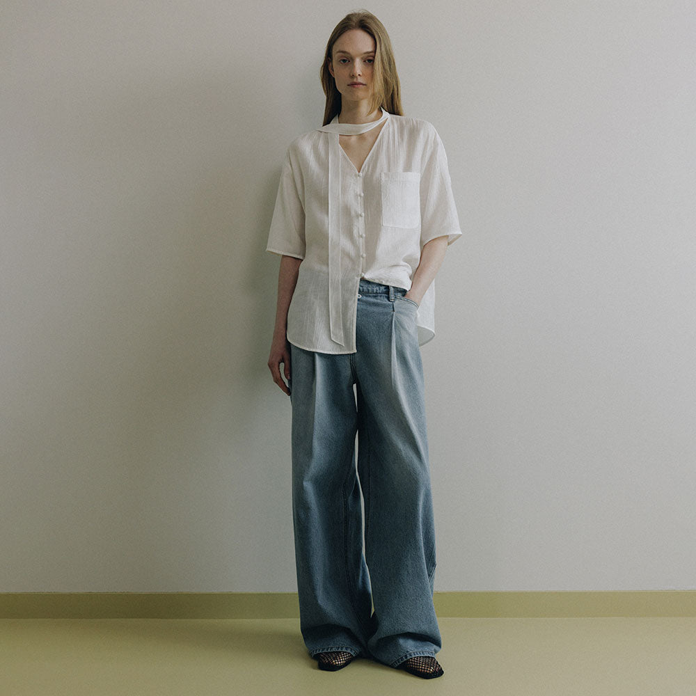 LOEUVRE Soft Scarf Neck Sheer Shirt SW6MB791_2color
