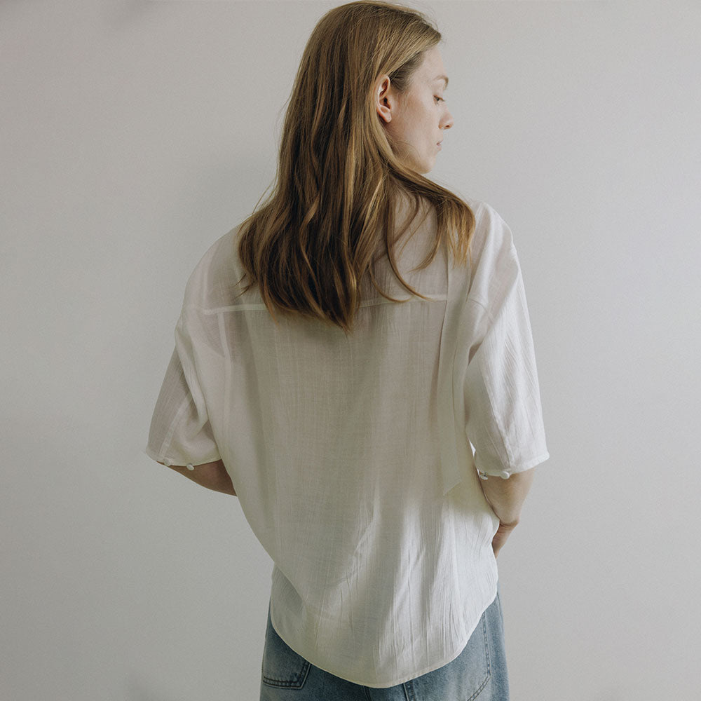 LOEUVRE Soft Scarf Neck Sheer Shirt SW6MB791_2color