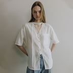 LOEUVRE Soft Scarf Neck Sheer Shirt SW6MB791_2color