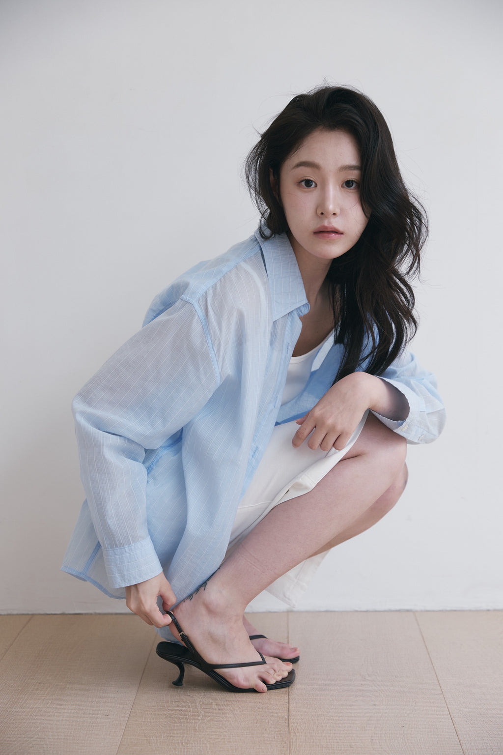 YOONSEUL [2nd reorder] Port sheer shirt (sky stripe)