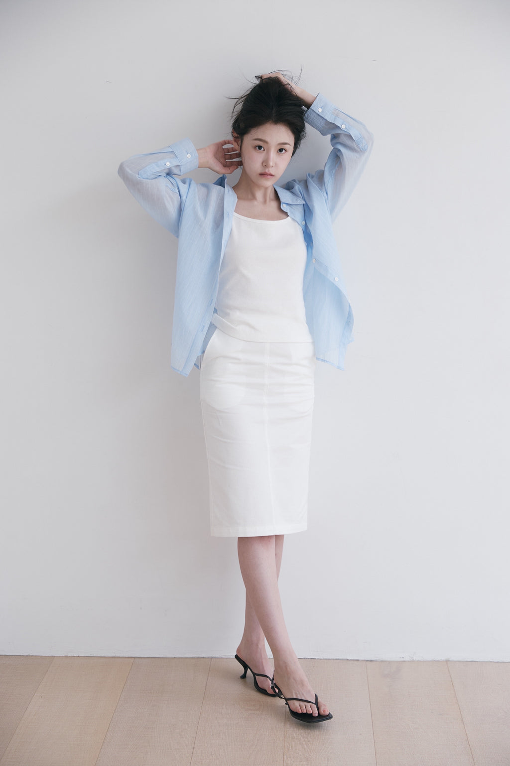 YOONSEUL [2nd reorder] Port sheer shirt (sky stripe)