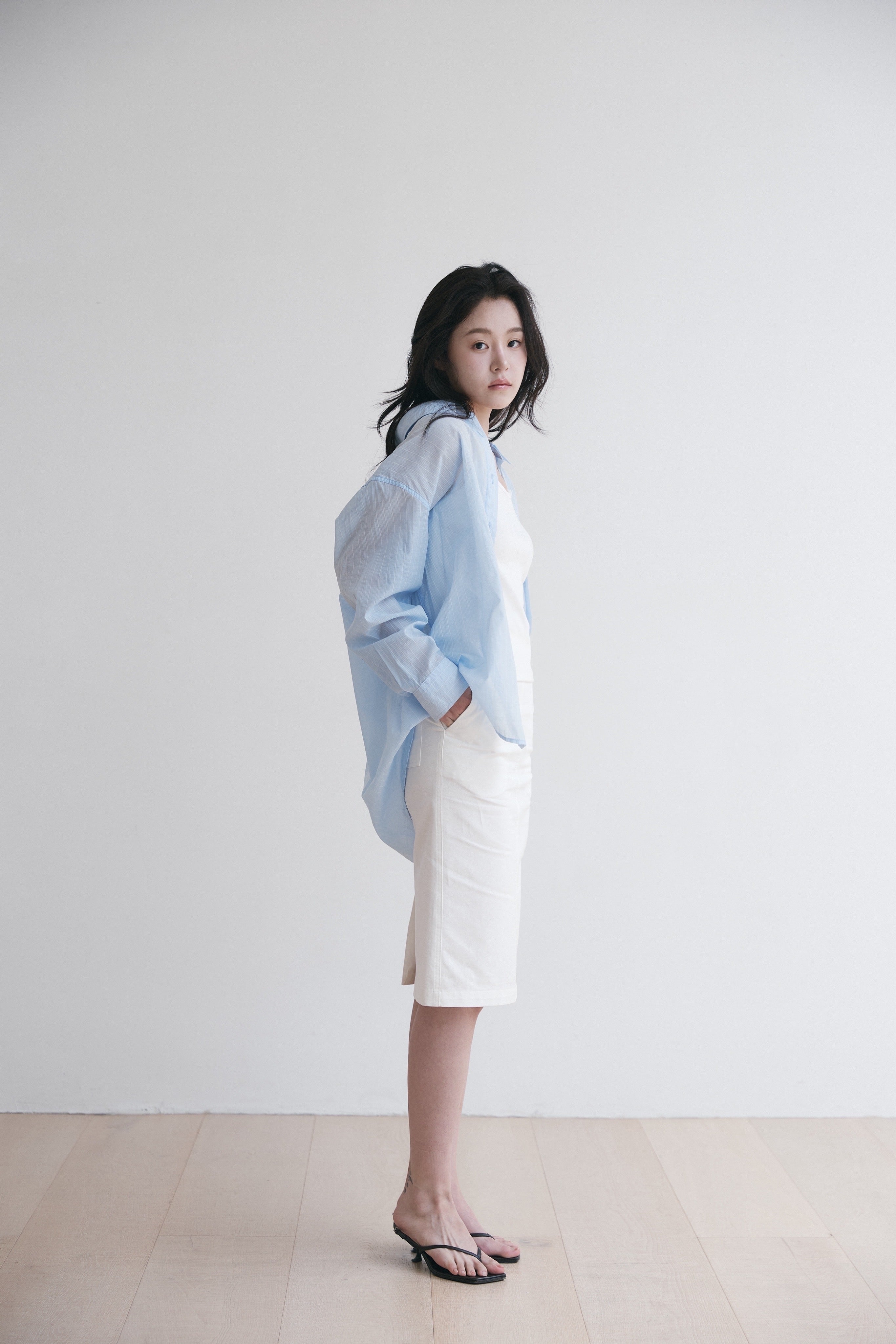 YOONSEUL [2nd reorder] Port sheer shirt (sky stripe)