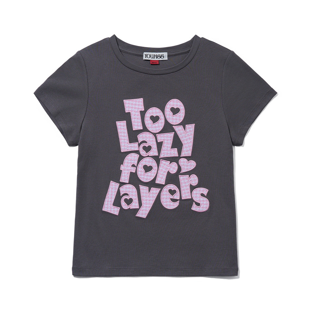 YOUHEE [3 COLORS] CHECK APPLIQUE LETTERING T-SHIRTS