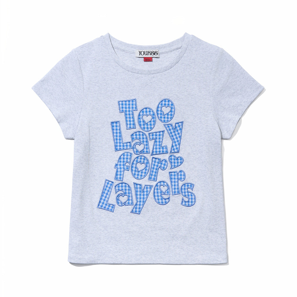 YOUHEE [3 COLORS] CHECK APPLIQUE LETTERING T-SHIRTS