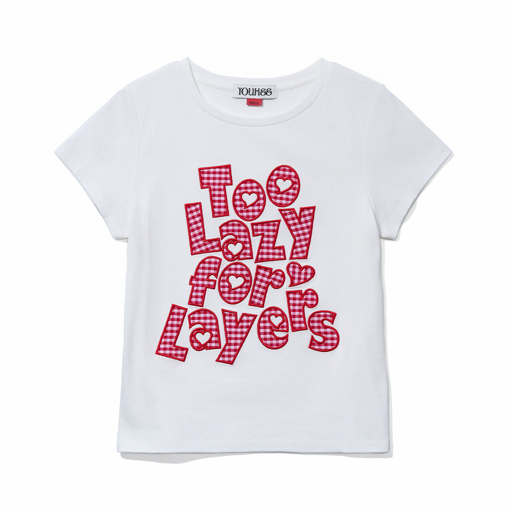 YOUHEE [3 COLORS] CHECK APPLIQUE LETTERING T-SHIRTS