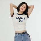 SATUR (W) Arch Logo Ringer Short Sleeve T-Shirt Cream