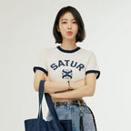 SATUR (W) Arch Logo Ringer Short Sleeve T-Shirt Cream