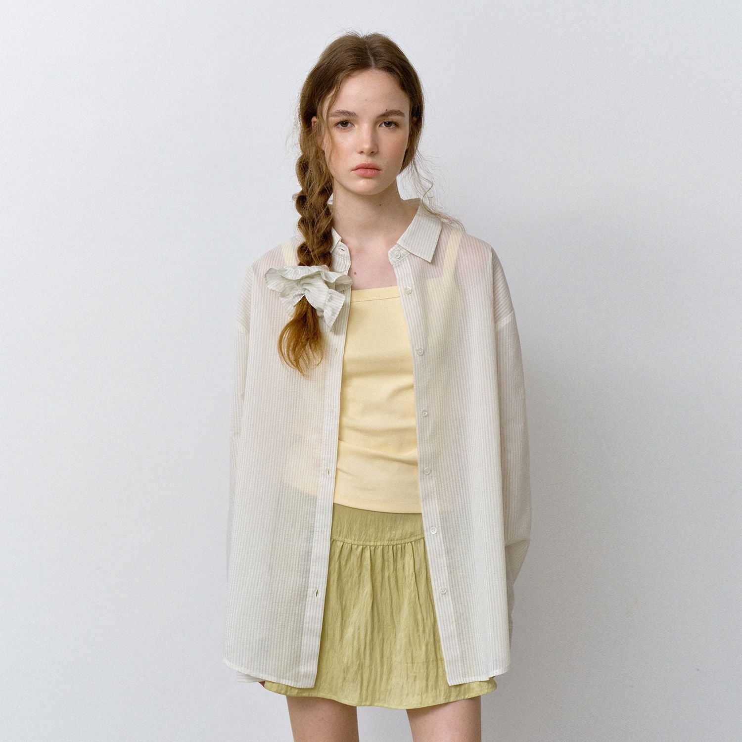 HANE [Aloha PICK][Scrunch SET] Pressure Stripe Sheer Shirt_Cream Ivory