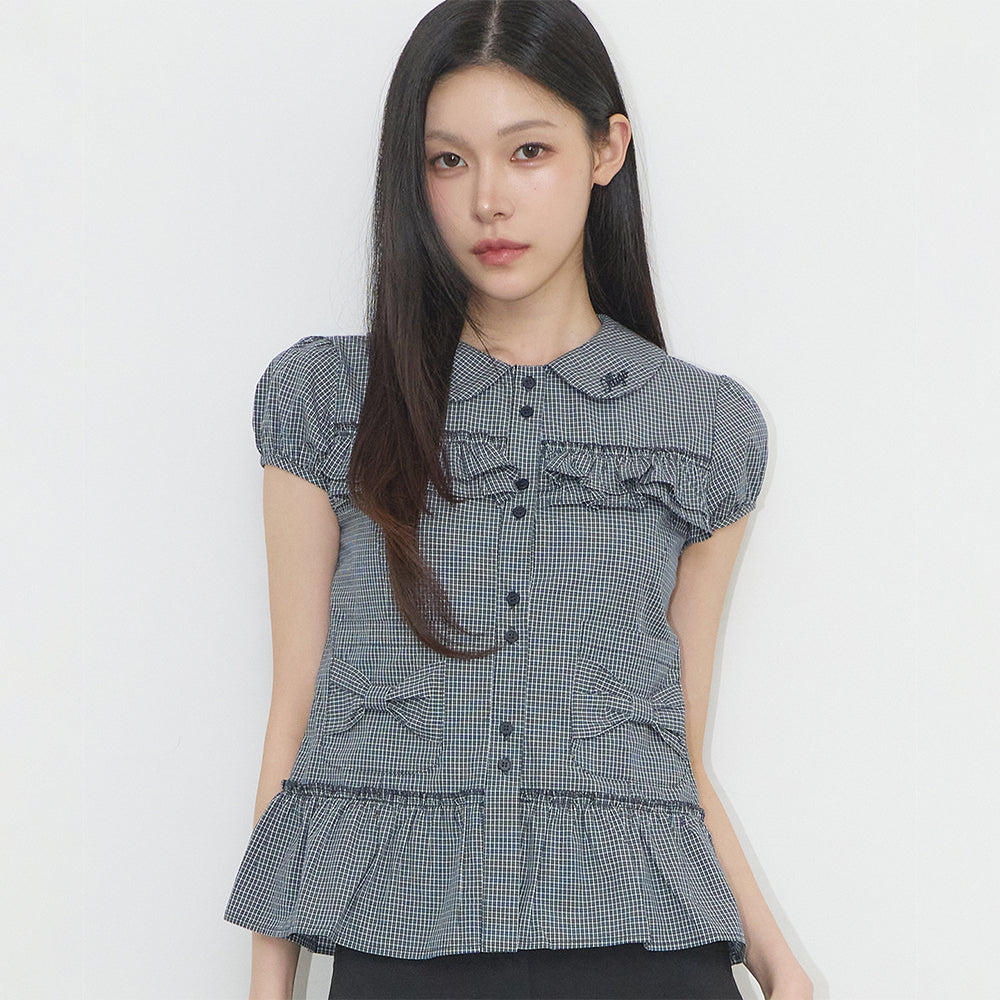 ILLIGO Bow pocket ruffle blouse check navy