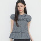 ILLIGO Bow pocket ruffle blouse check navy