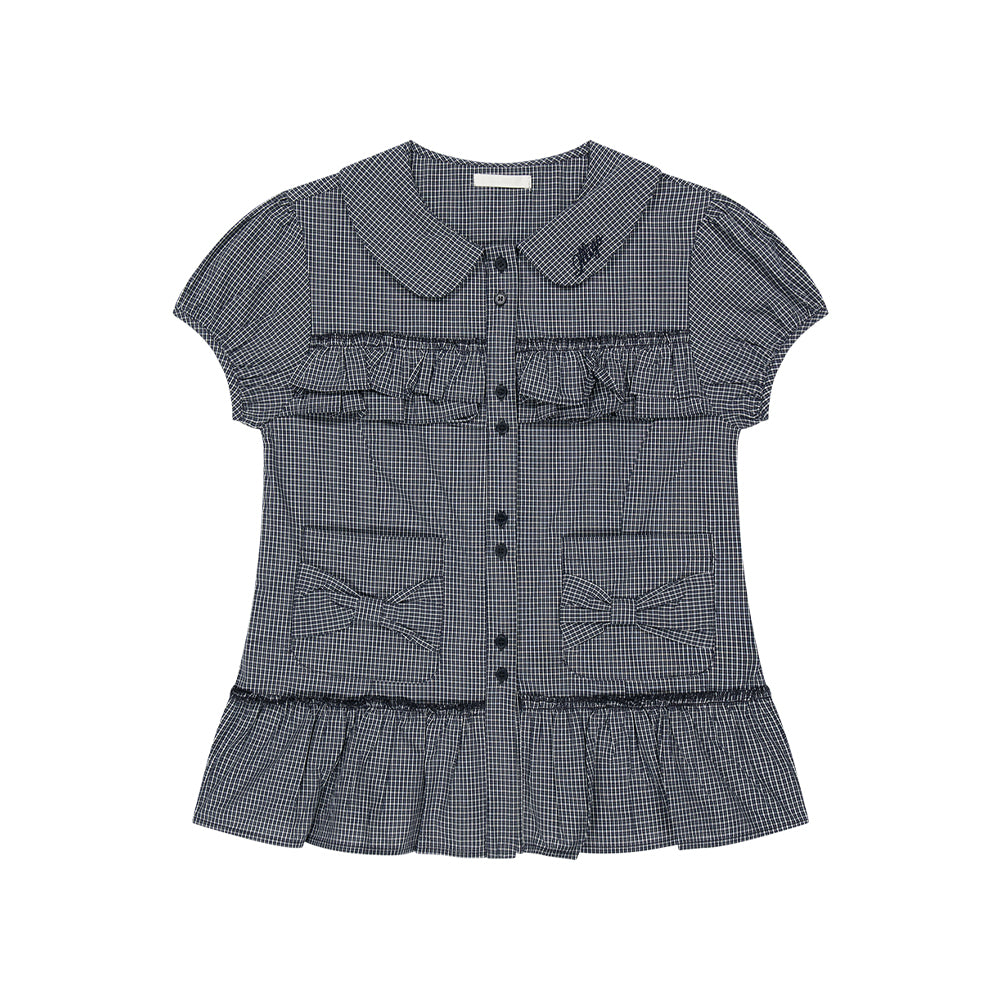 ILLIGO Bow pocket ruffle blouse check navy