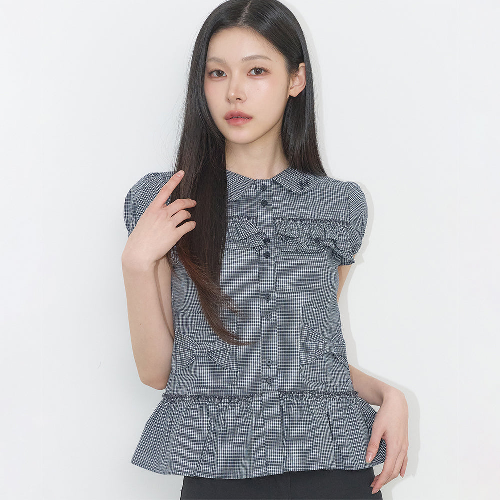 ILLIGO Bow pocket ruffle blouse check navy