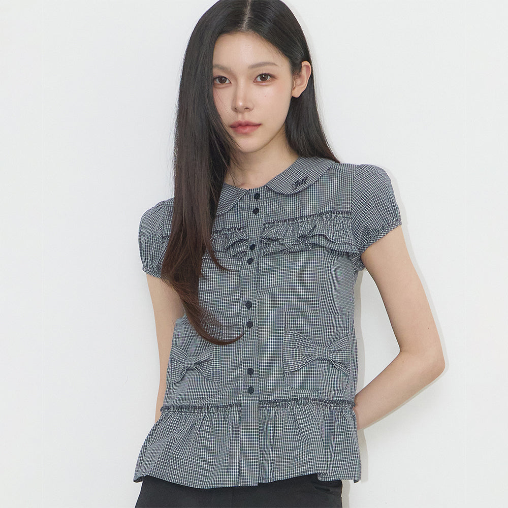 ILLIGO Bow pocket ruffle blouse check navy