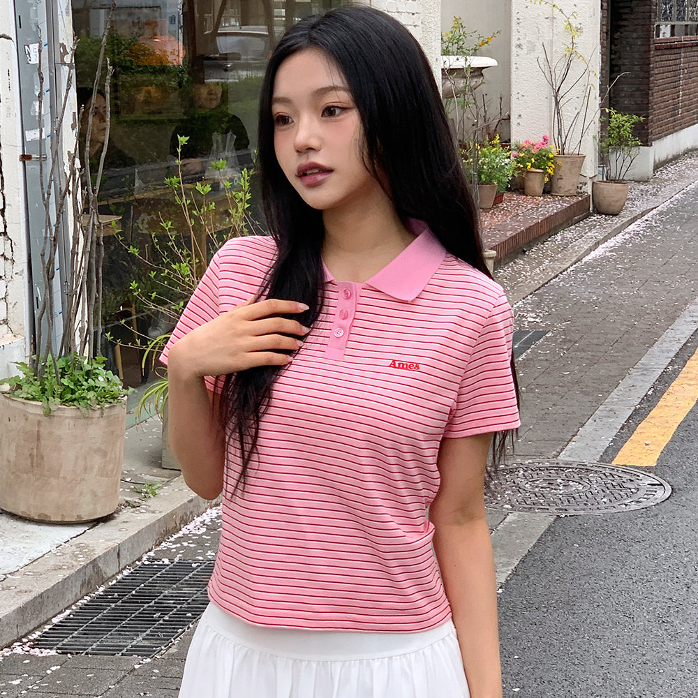 ames worldwide BASIC STRIPE COLLAR TEE PINK