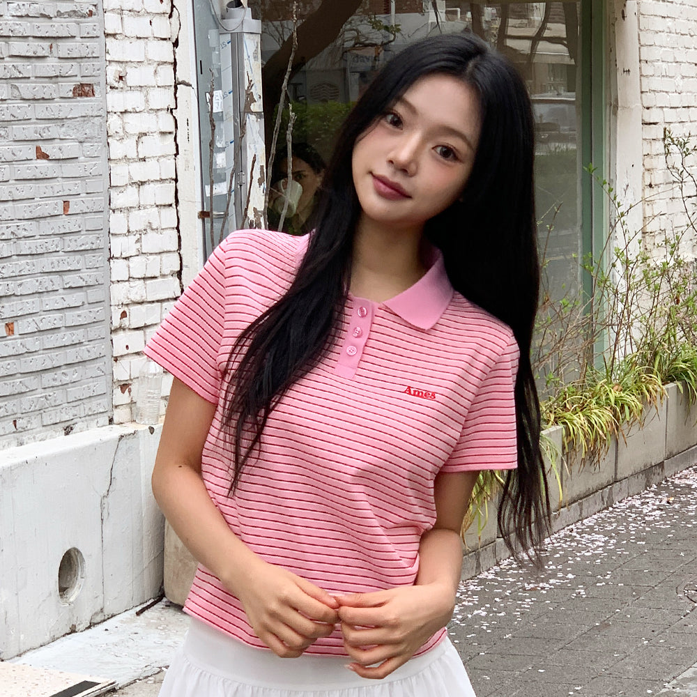 ames worldwide BASIC STRIPE COLLAR TEE PINK