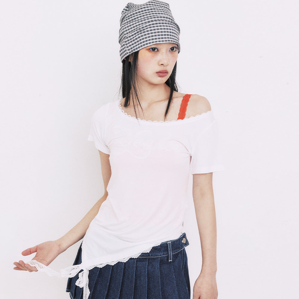 YOUHEE YOUHEE LACE UNBALANCE T-SHIRTS_WHITE