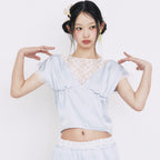 YOUHEE RIBBON LACE SHIRRING BLOUSE LIGHT_BLUE