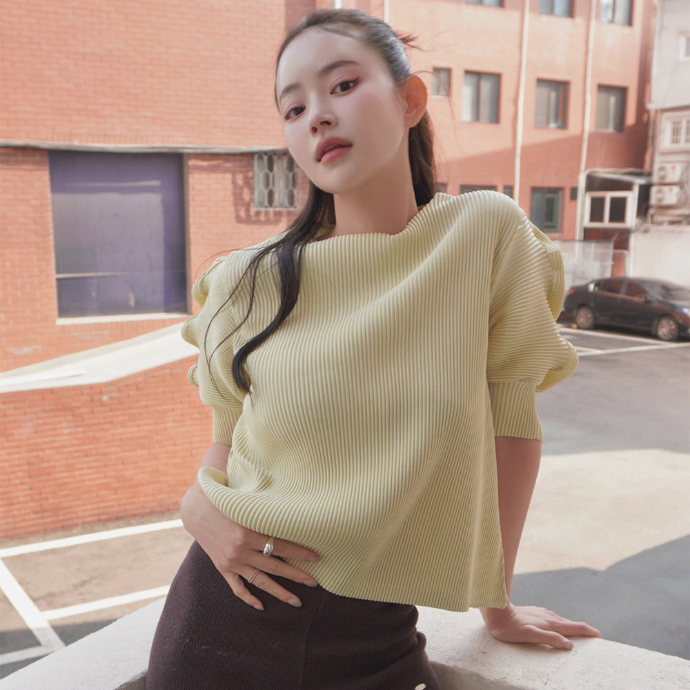 YOYOYOY Wave short sleeve pleated blouse_2colors