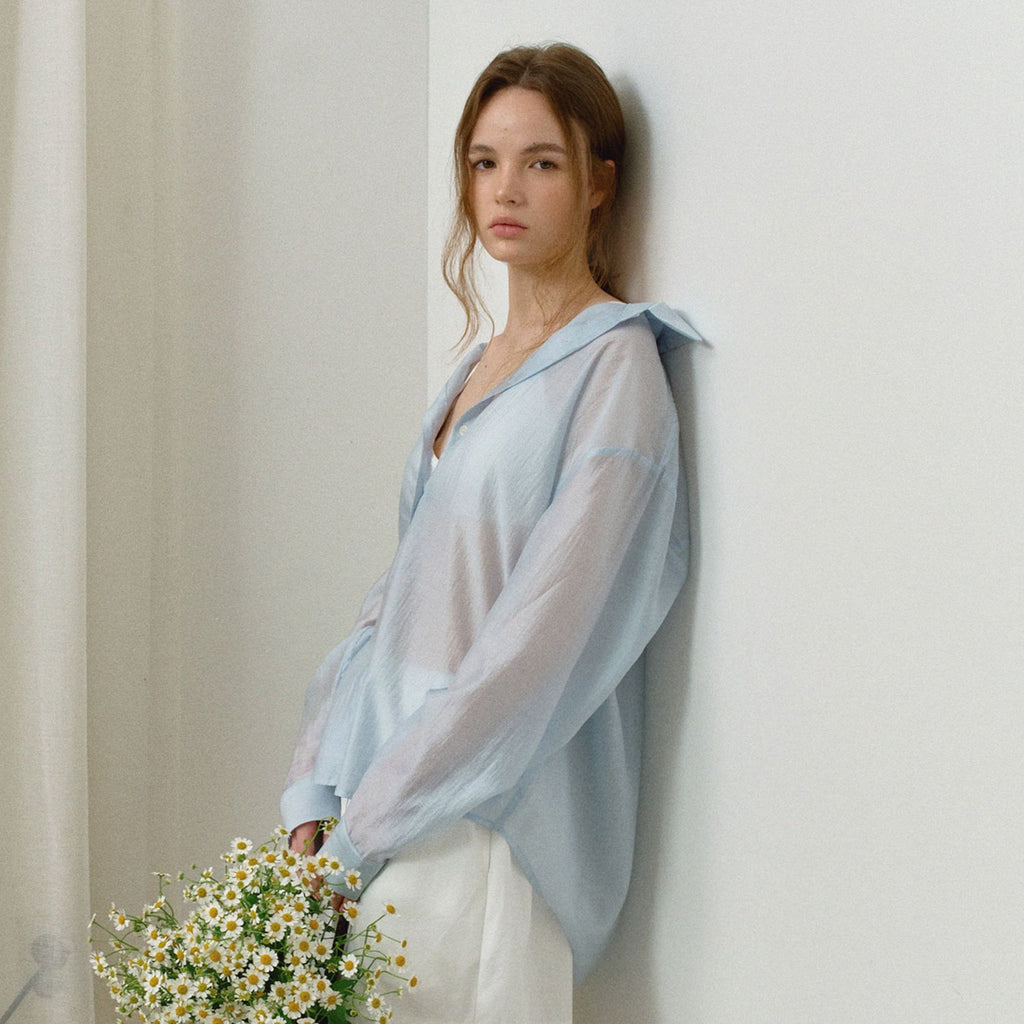 HANE [Scrunch SET] Tencel Glow Sheer Shirt_Air Sky
