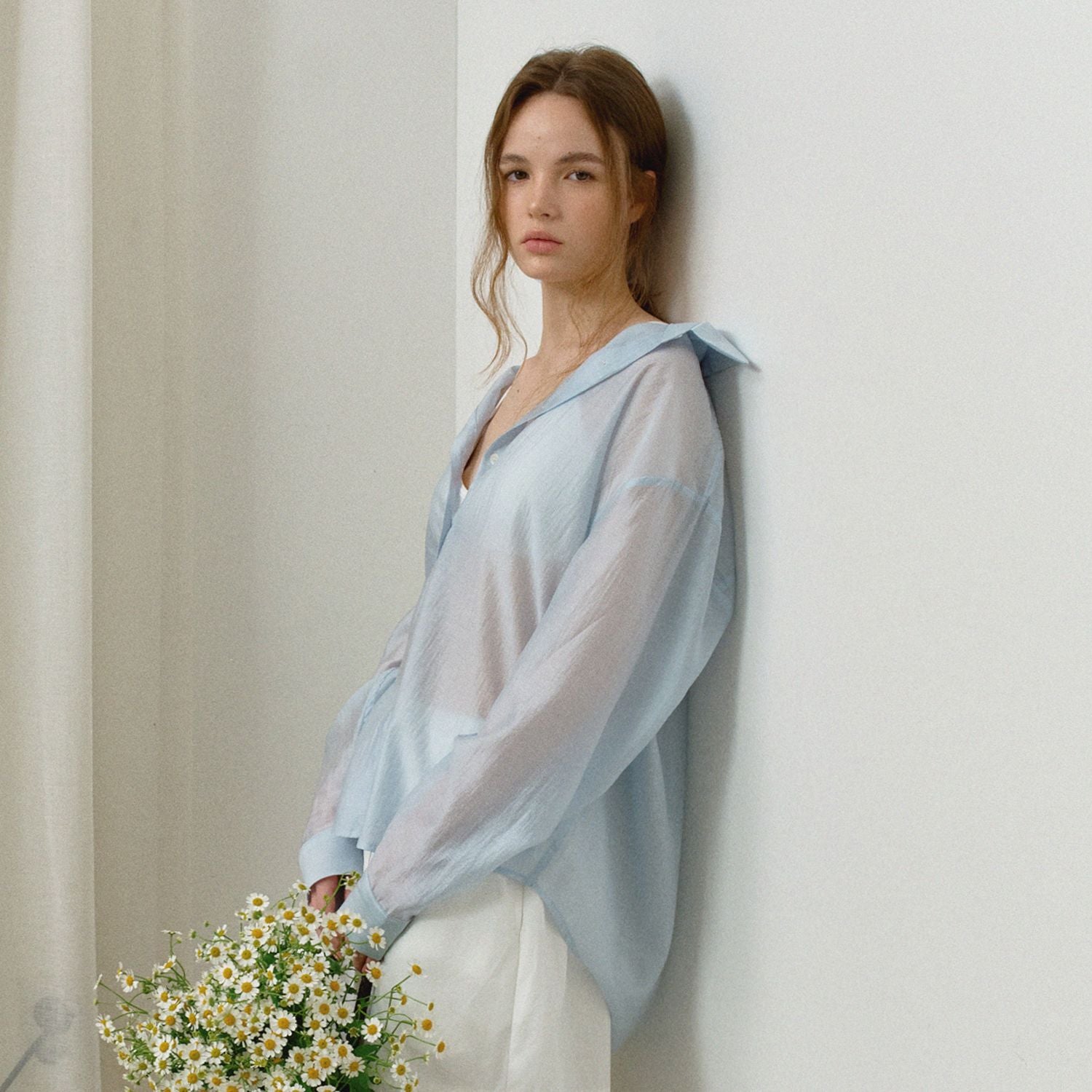 HANE [Scrunch SET] Tencel Glow Sheer Shirt_Air Sky