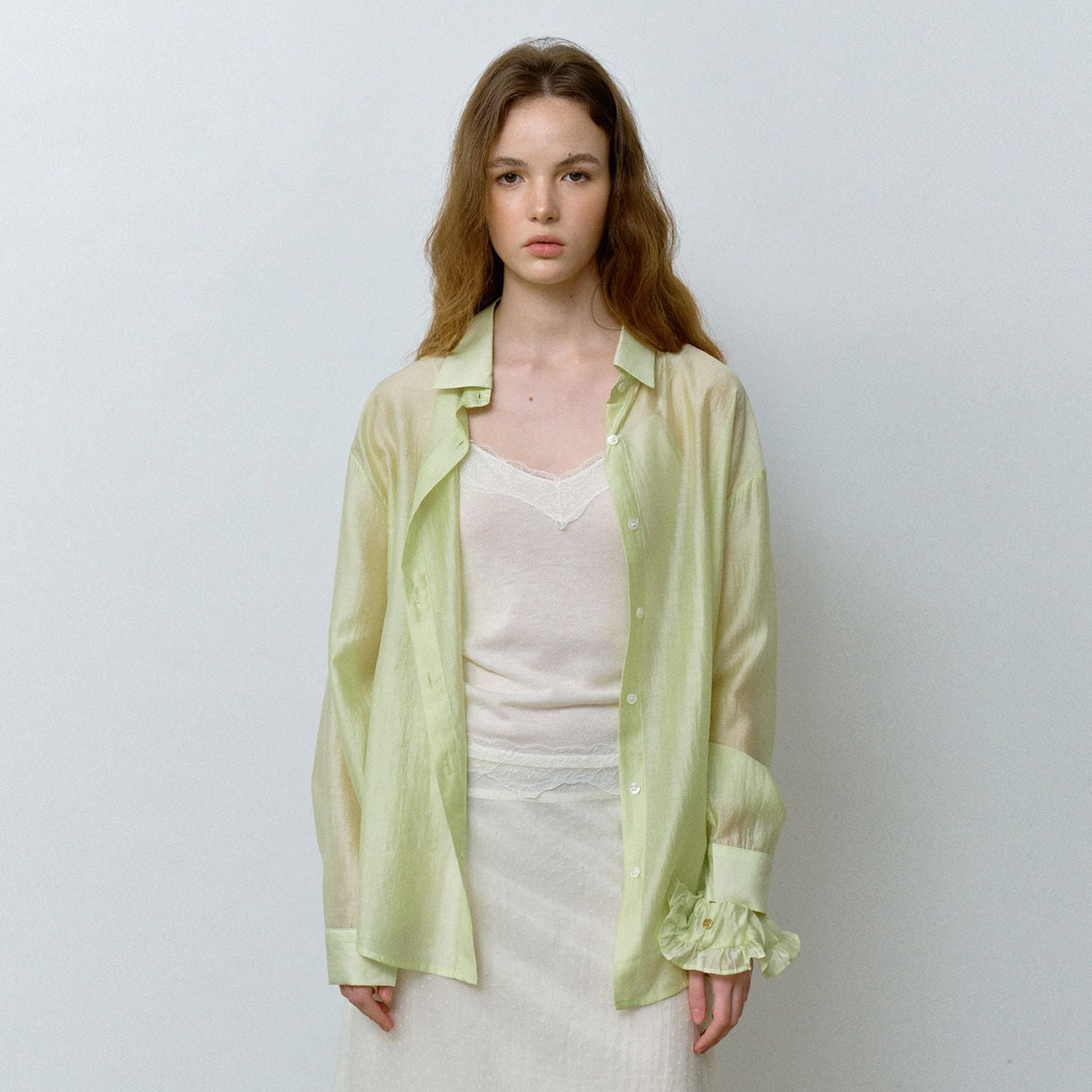 HANE [Scrunch SET] Tencel Glow Sheer Shirt_Lime Sorbet