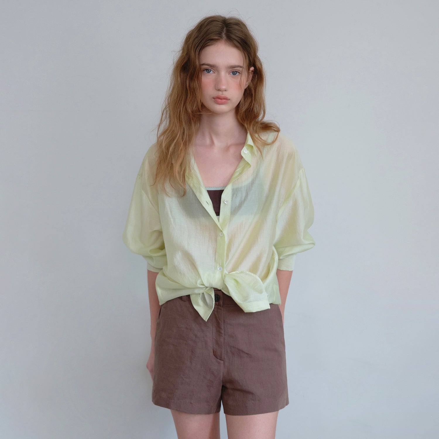 HANE [Scrunch SET] Tencel Glow Sheer Shirt_Lime Sorbet