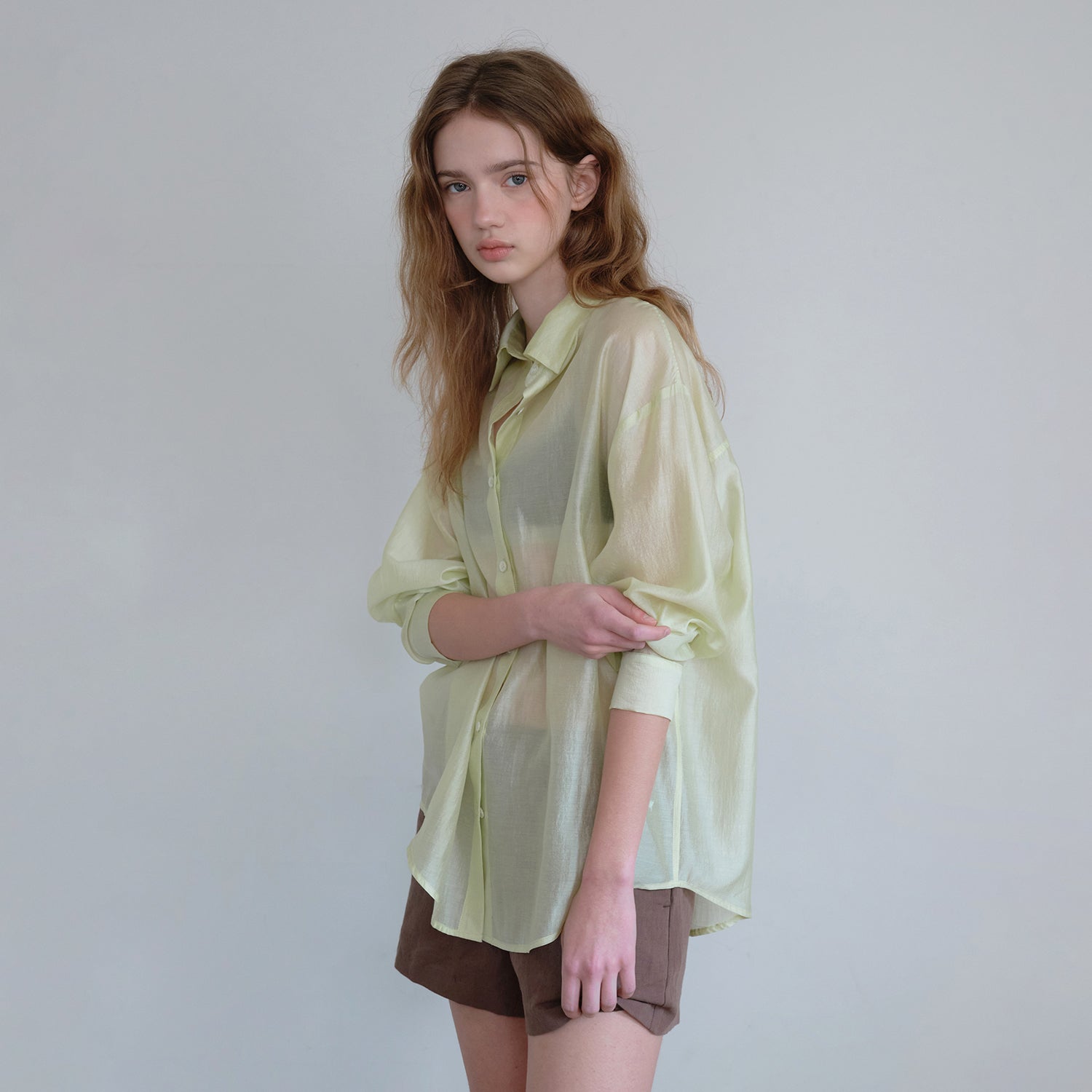 HANE [Scrunch SET] Tencel Glow Sheer Shirt_Lime Sorbet
