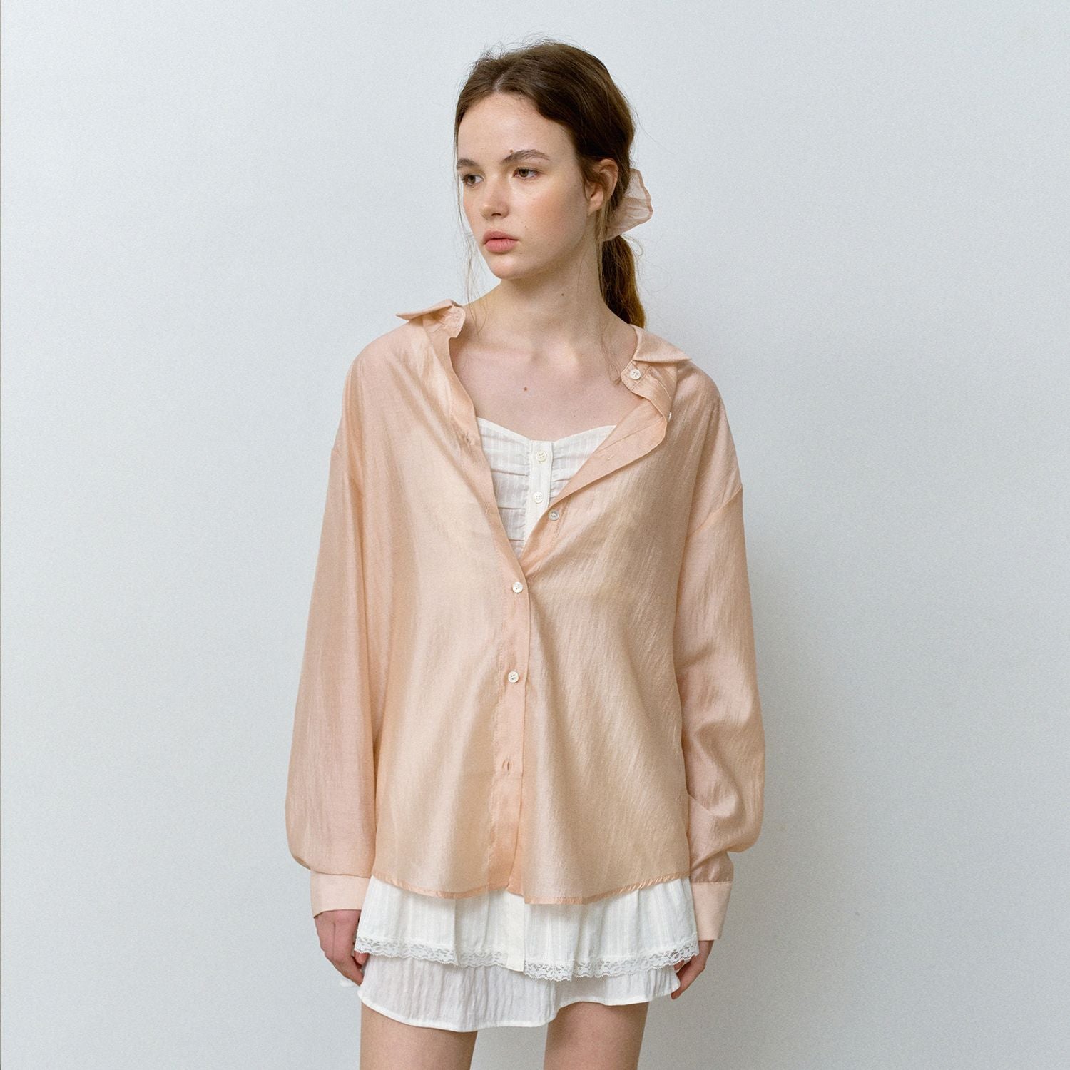 HANE [Scrunch SET] Tencel Glow Sheer Shirt_Shy Pink
