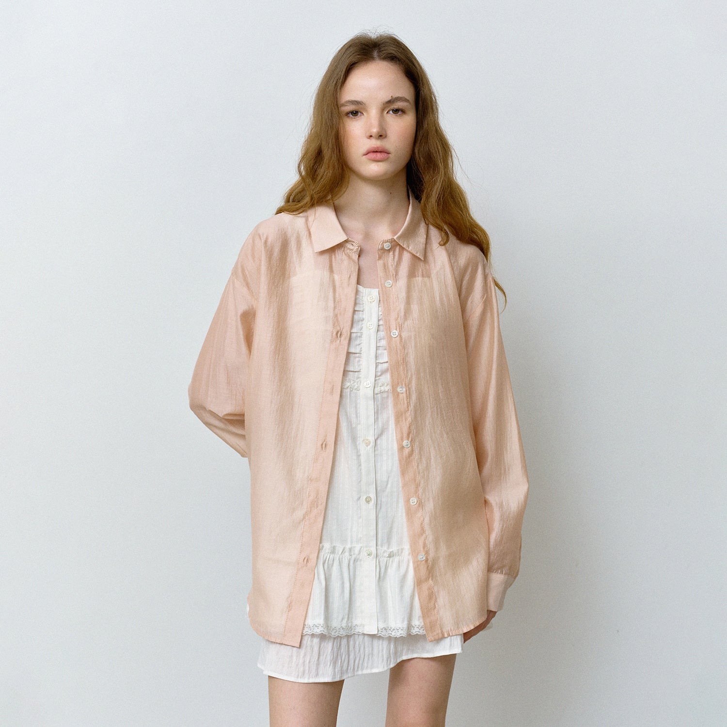 HANE [Scrunch SET] Tencel Glow Sheer Shirt_Shy Pink