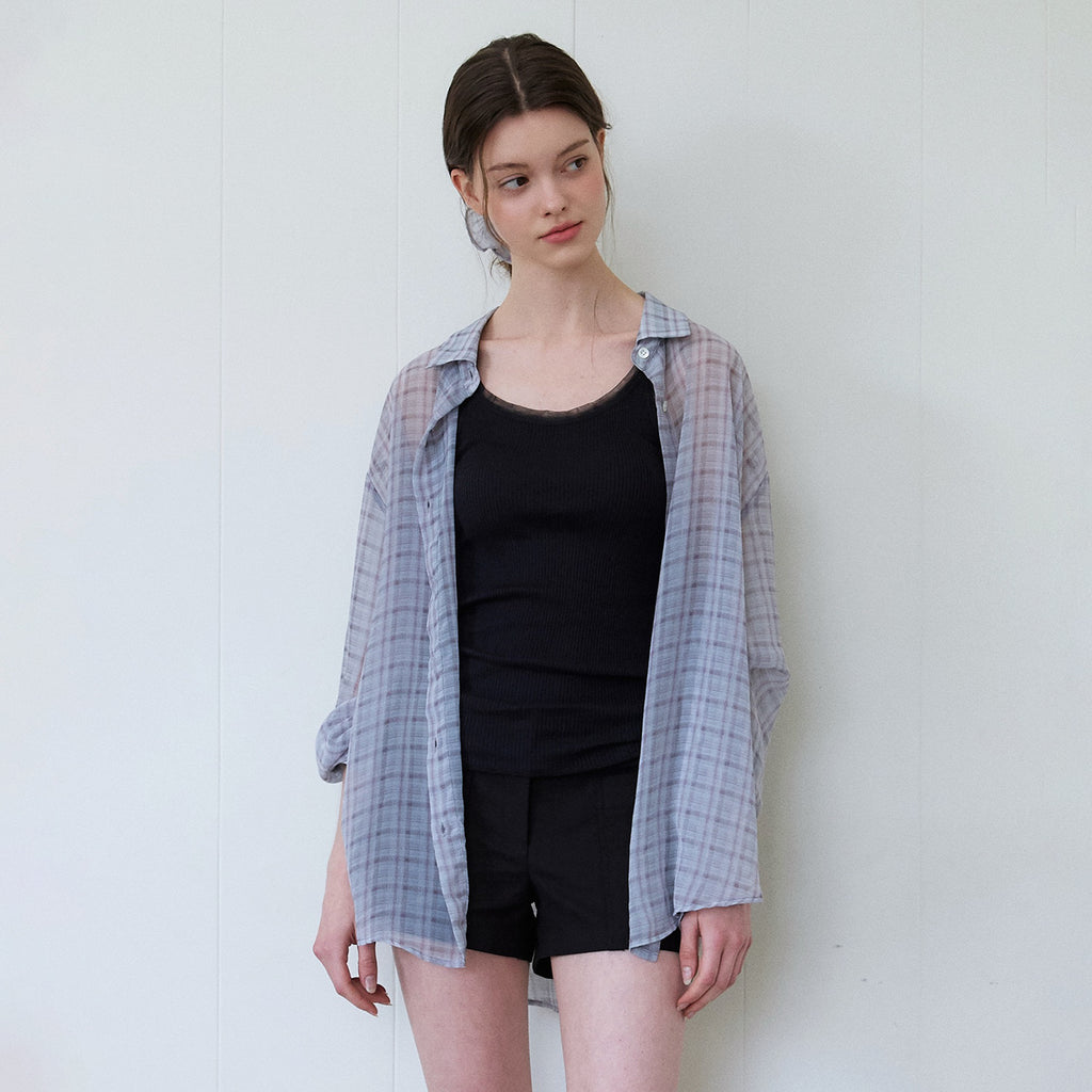 HANE [Scrunch SET] Flow check sheer shirt_Elder Berry