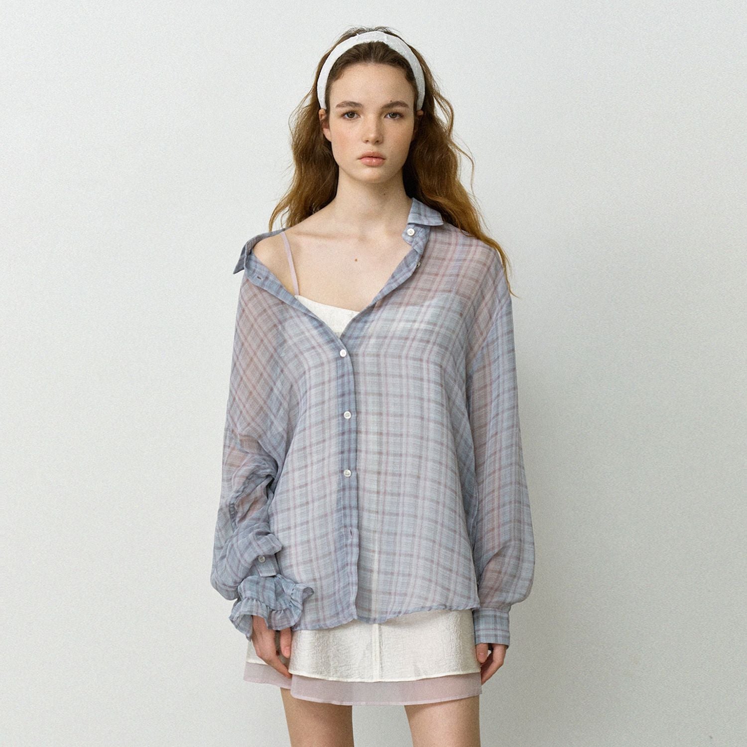 HANE [Scrunch SET] Flow check sheer shirt_Elder Berry
