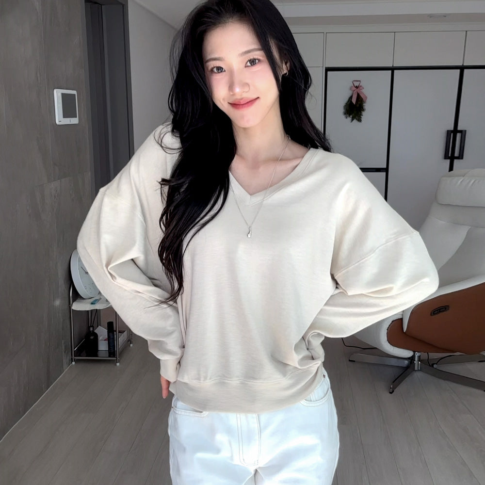 Siyazu [Lupita, Lupita PICK] SITP5274 V-neck stingray comfort t-shirt_Light beige