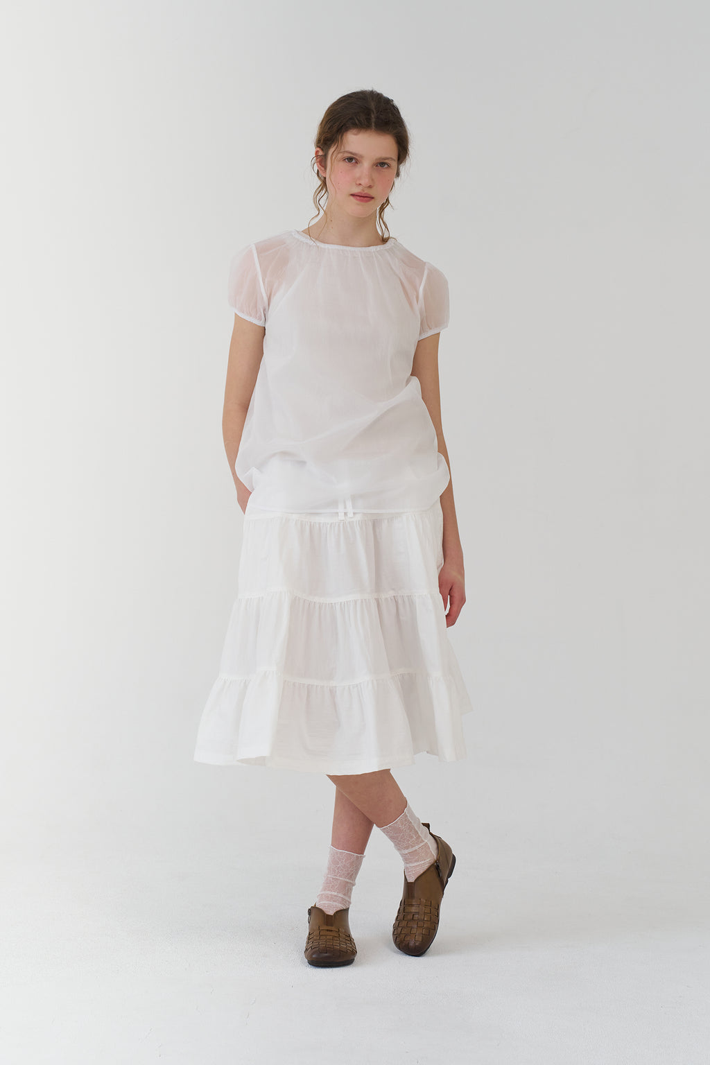 pesto SHEER SHIRRING BLOUSE WHITE