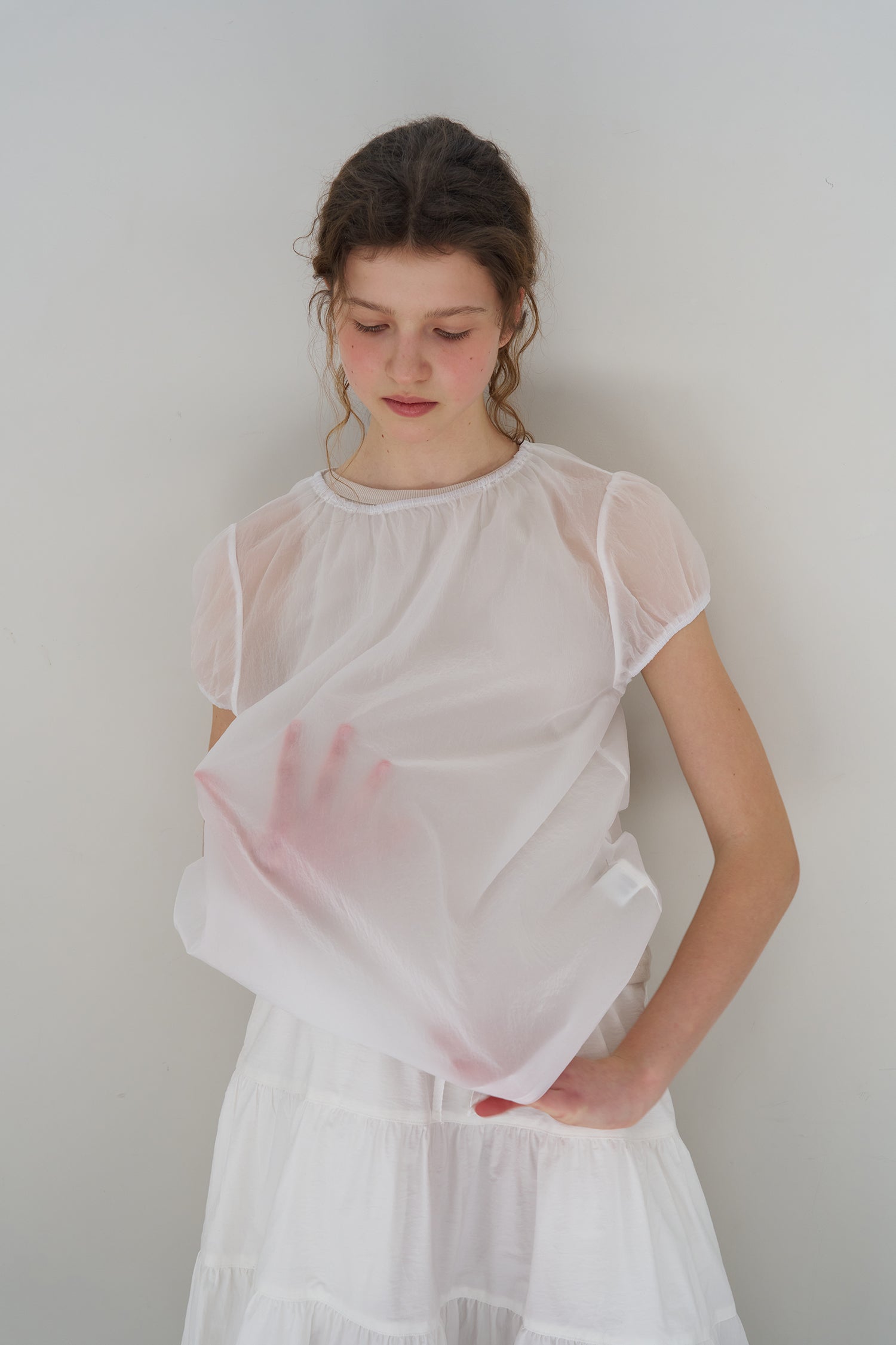 pesto SHEER SHIRRING BLOUSE WHITE