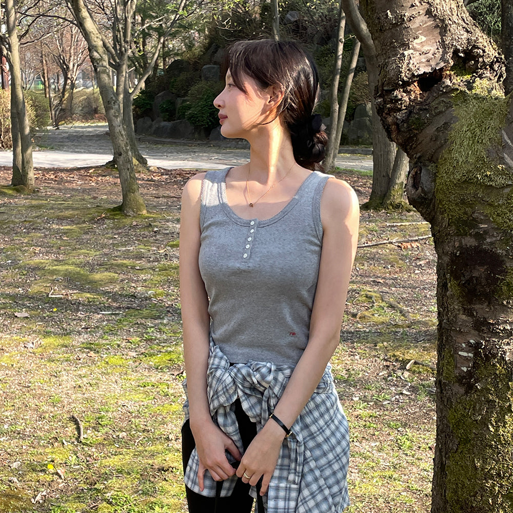 TTUDEMENT EYELET HENLEY TANK TOP_MELANGE GREY