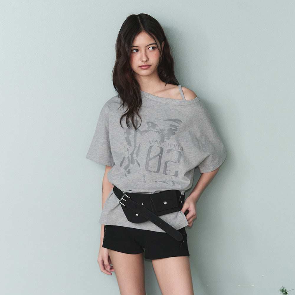 LEATHERY Vintage slit one-shoulder short-sleeved t-shirt [MELANGE]