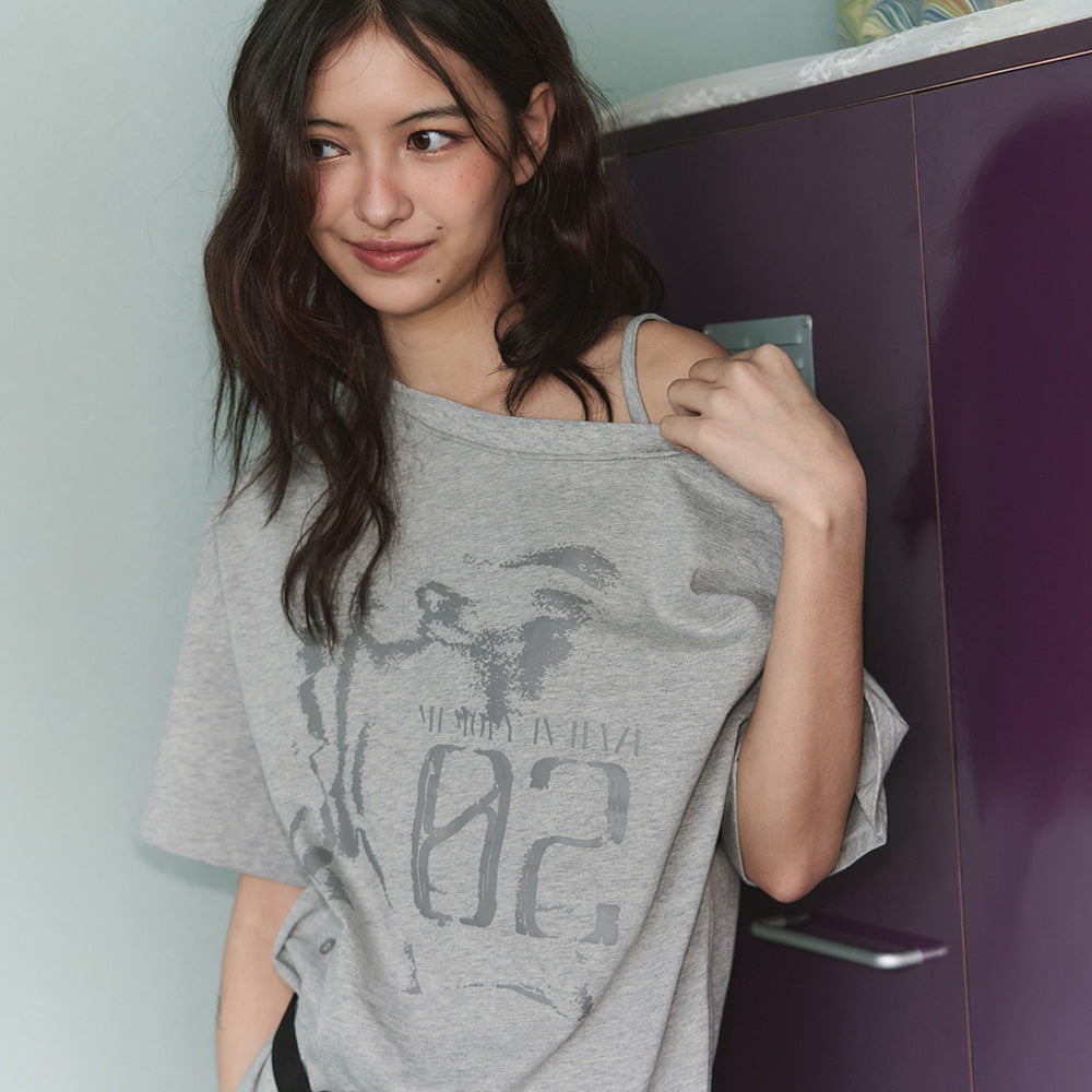LEATHERY Vintage slit one-shoulder short-sleeved t-shirt [MELANGE]