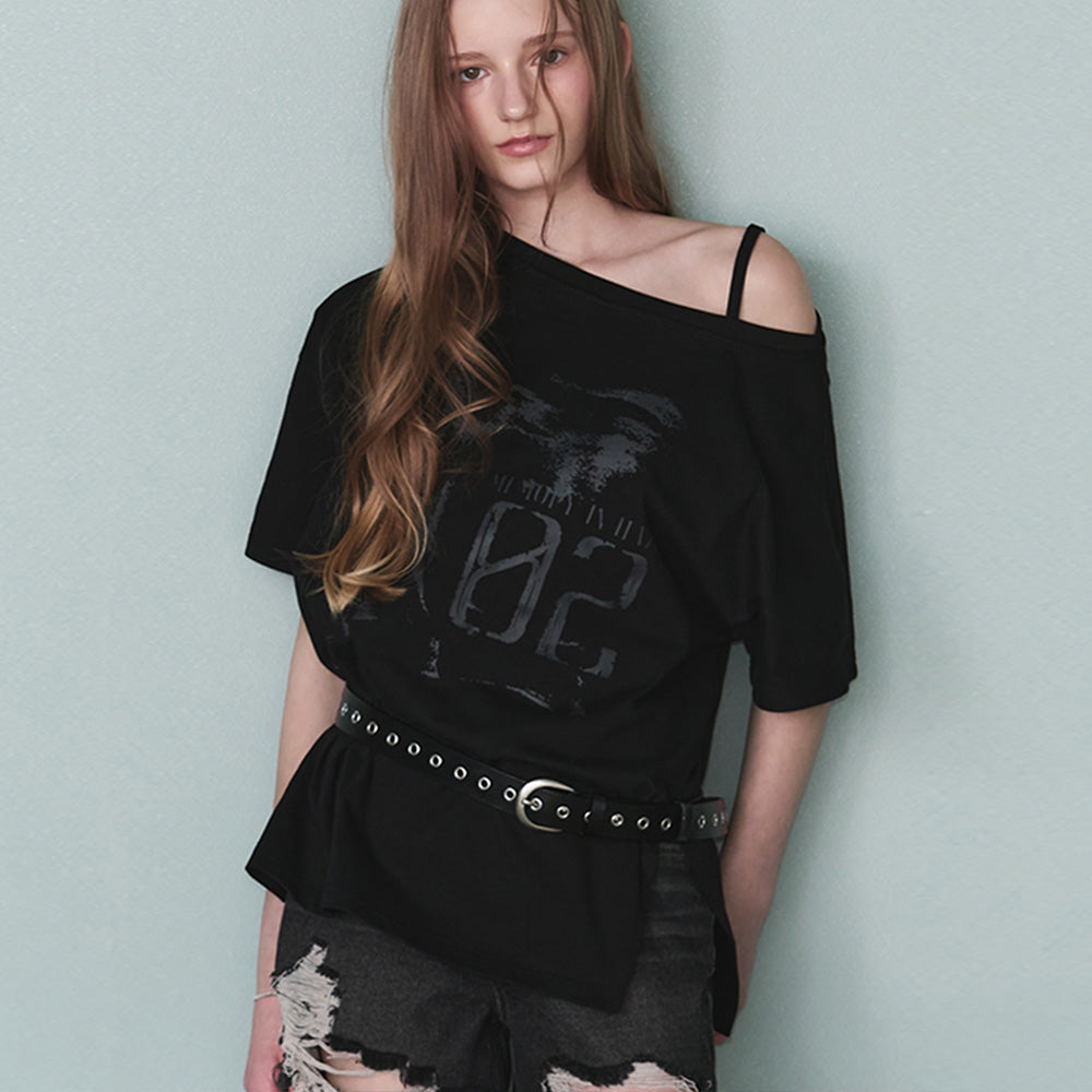 LEATHERY Vintage slit one-shoulder short-sleeved t-shirt [MELANGE]