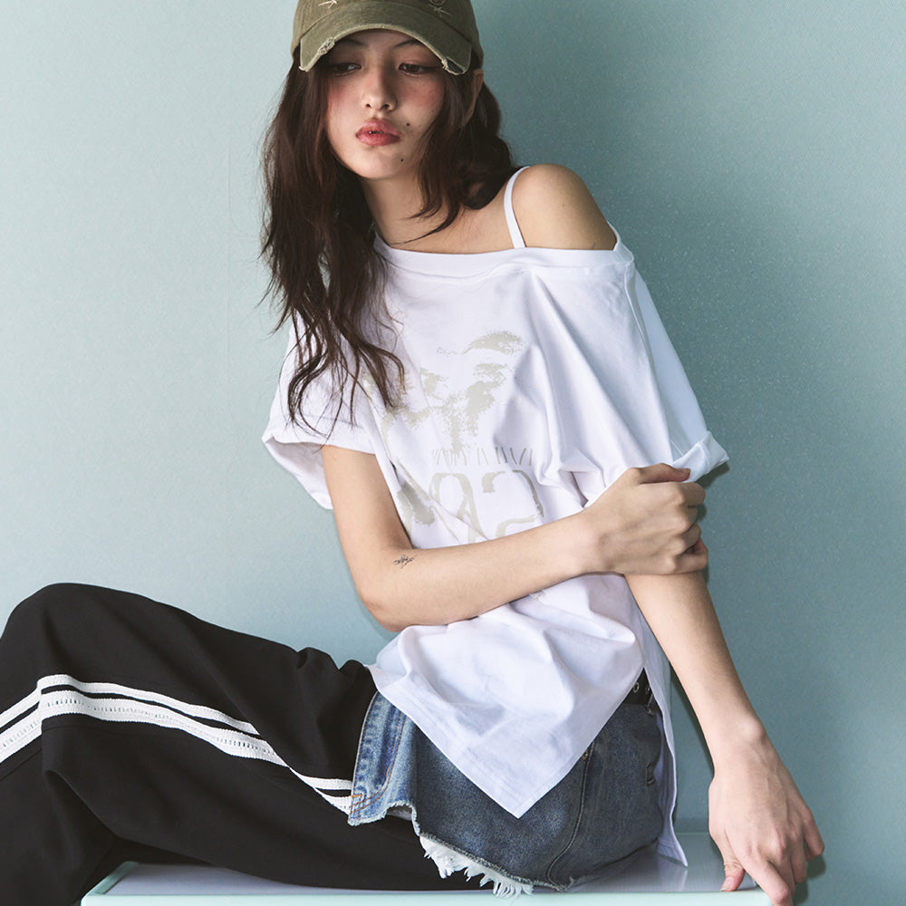 LEATHERY Vintage slit one-shoulder short-sleeved t-shirt [MELANGE]