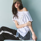 LEATHERY Vintage slit one-shoulder short-sleeved t-shirt [MELANGE]
