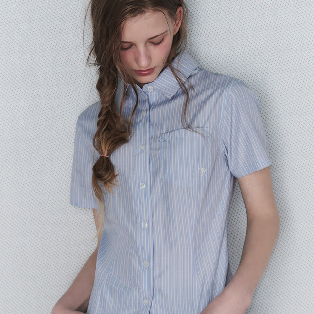 LEATHERY Slim fit striped half shirt [BLUE]