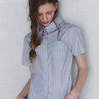 LEATHERY Slim fit striped half shirt [BLUE]