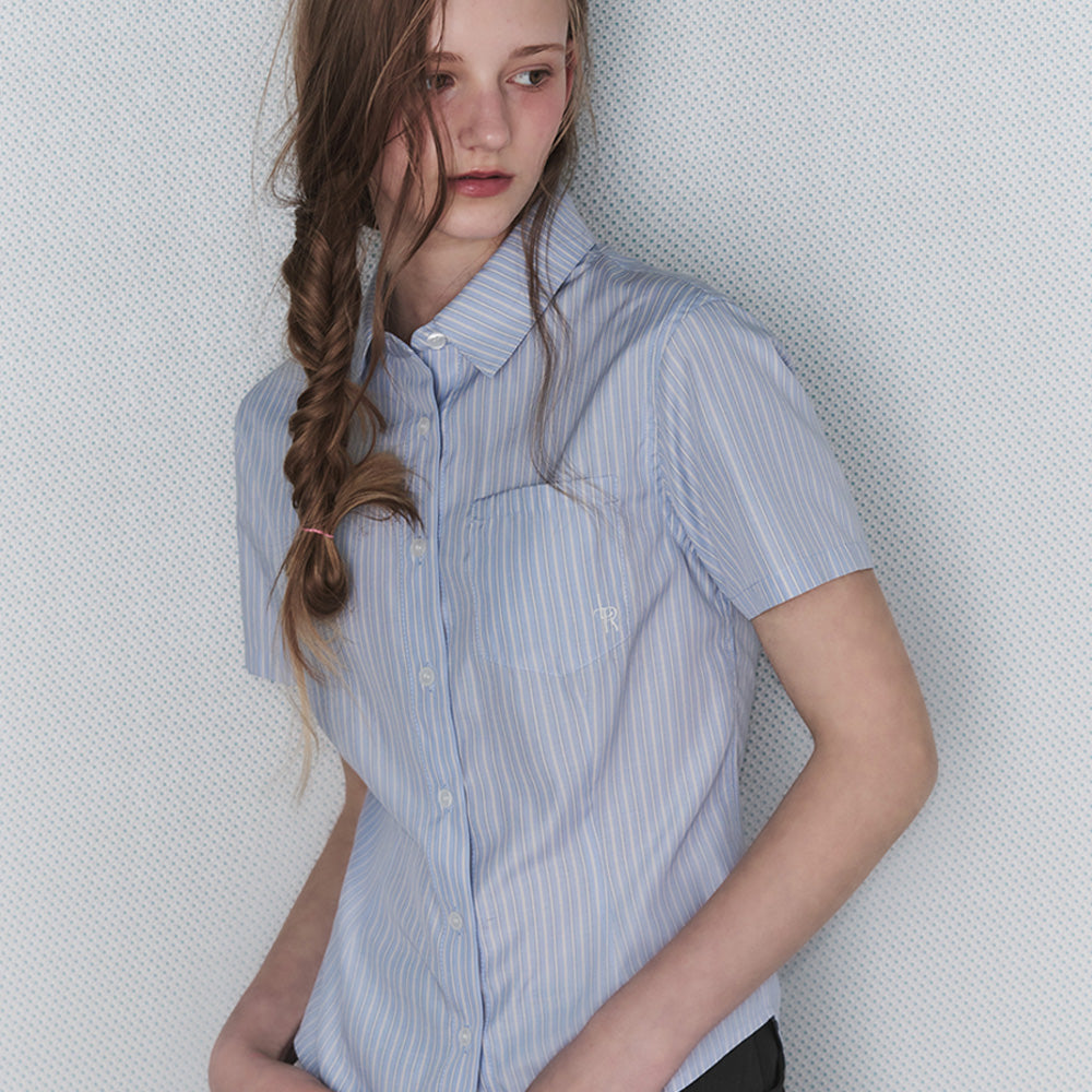 LEATHERY Slim fit striped half shirt [BLUE]
