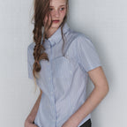 LEATHERY Slim fit striped half shirt [BLUE]