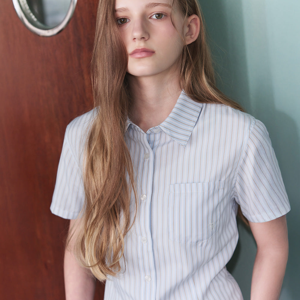 LEATHERY Slim fit striped half shirt [BLUE]