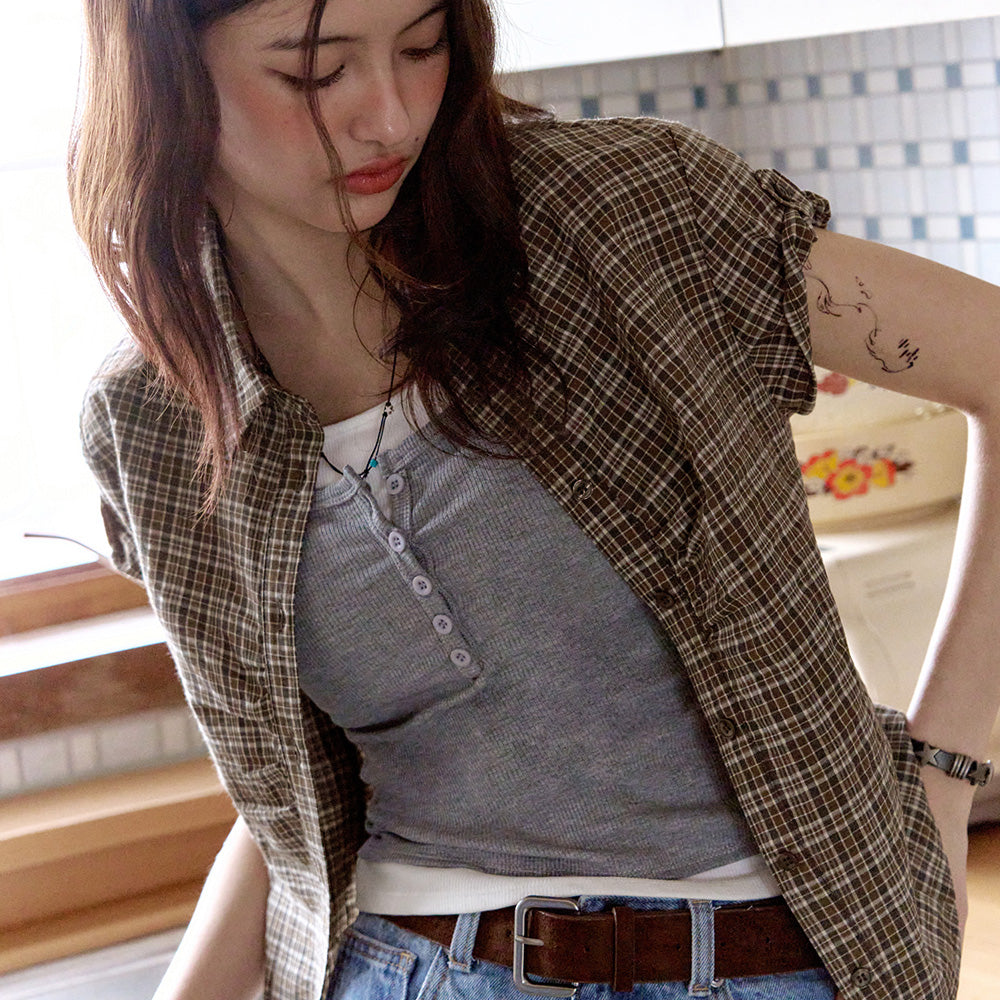 LEATHERY Moment shirring check shirt [BEIGE]